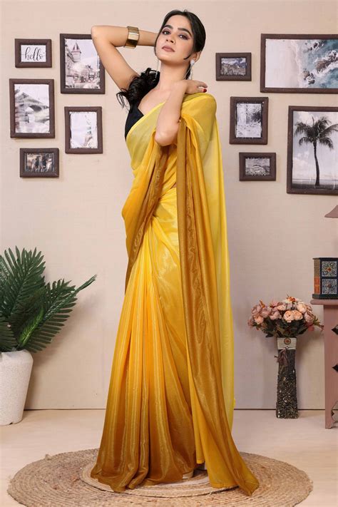 Yellow & Mustard Solid Printed Chiffon Ready To Wear Ombre Saree