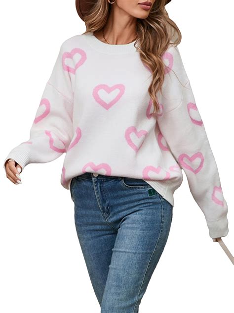 aturustex Women's Valentine's Day Cute Cozy Sweaters Heart Pattern Long ...