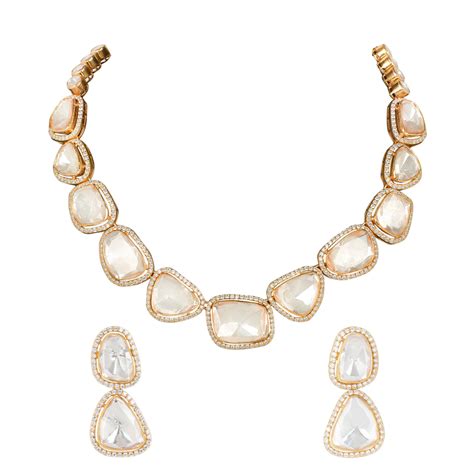 925 Silver Moissanite Polki Single Line Necklace Set – Sica Jewellery