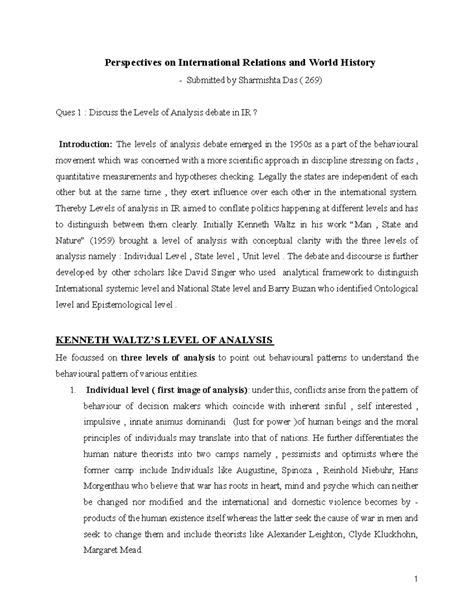 Ques 1: Analyzing the Levels of Analysis Debate in International ...