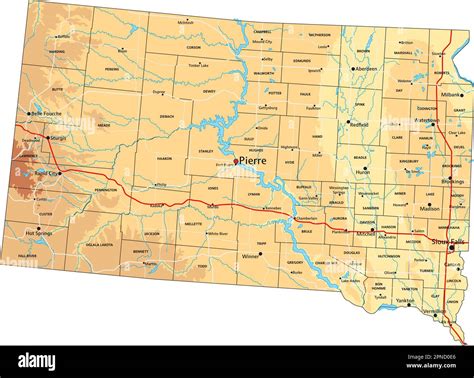 High detailed South Dakota physical map with labeling Stock Vector ...