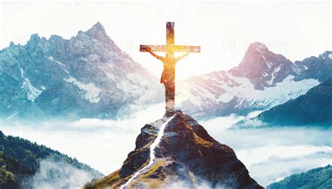 AI generated A mountain range with Jesus Christ crucified on a cross on ...