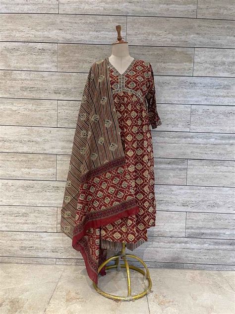 Pure Cotton A Line Three Piece Dupatta Set - Aanchal Jaipur | Suits ...