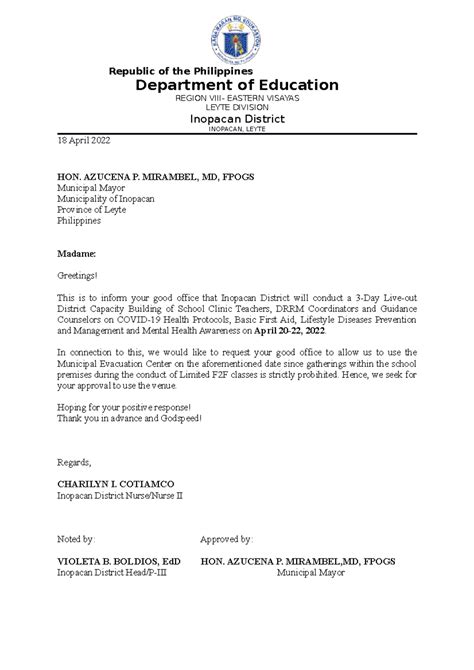 Letter Request to Mayor asking for venue approval - Republic of the Philippines Department of ...
