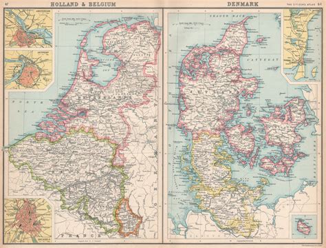 Holland & Belgium; Denmark; Inset maps of Amsterdam; Antwerp; Brussels; Copenhagen; Bornholm by ...