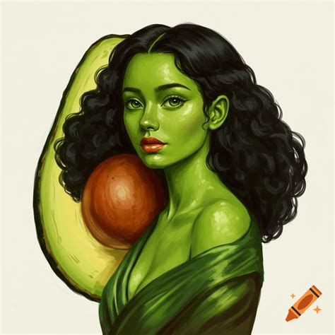 Illustrated portrait of a woman with green skin and hair posing next to ...