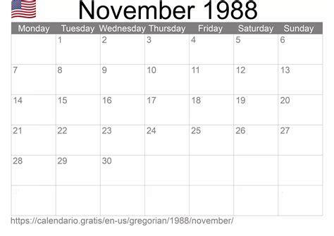 Calendar November 1988 from United States of America in English ...