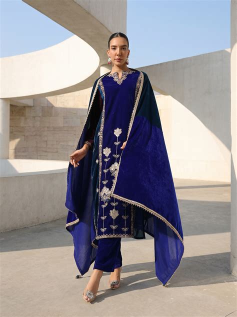 Buy Rich Royal Blue Velvet Straight Kurta Set