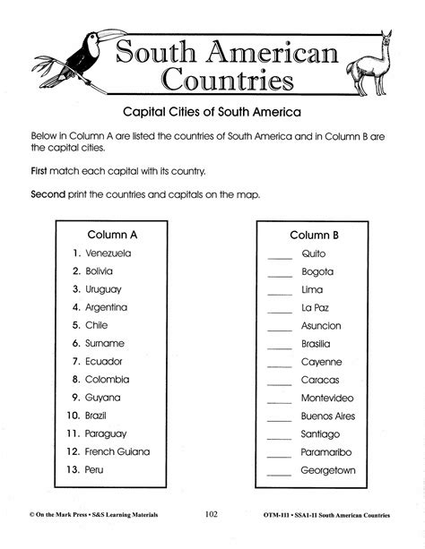 Columbia South America Worksheets