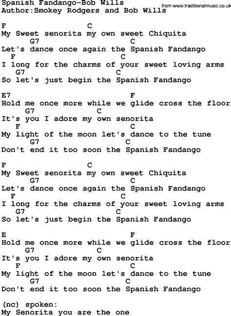 Country Music:Spanish Fandango-Bob Wills Lyrics and Chords