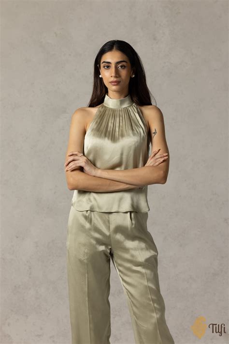 Soft Green Pure Satin Silk Halter Top and Pants Co-ord Set - Tilfi