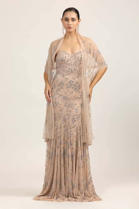 Buy Beige Mesh, Lycra Sequins Sweetheart Neck Aurelia Hand Embellished ...