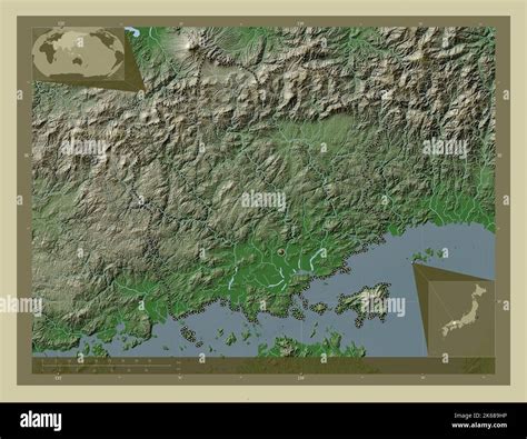 Okayama, prefecture of Japan. Elevation map colored in wiki style with lakes and rivers. Corner ...