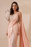 Buy Peach Lycra Cut Work, Sequins One Pre-draped Saree With Structured ...