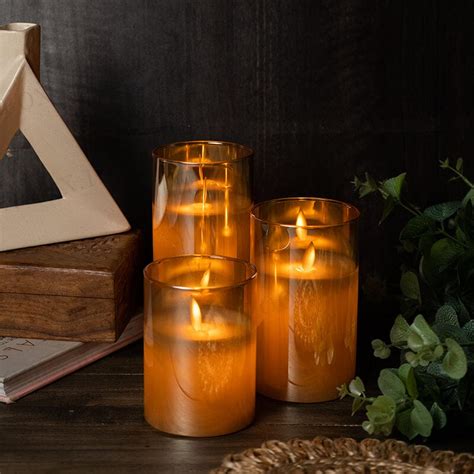 Buy LED Flickering Golden Glass Jar Pillar Candles With Remote (Set of ...