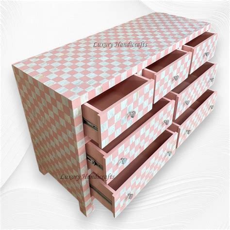 Mother of Pearl Inlay 7 Drawer Checkerboard Dresser Pink – Luxury ...