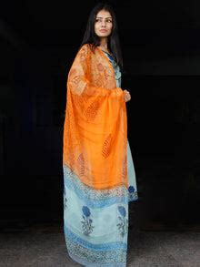 Sky Blue Coral Cotton Block Printed Suit With Kantha Work - Set of 3 ...