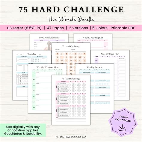 75 Hard Challenge Printable 75 Day Hard Challenge Template Workout Plan ...