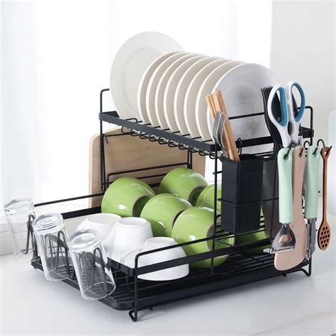 2 Tier Dish Rack, Large Dish Drying Rack and Drainboard Set with ...
