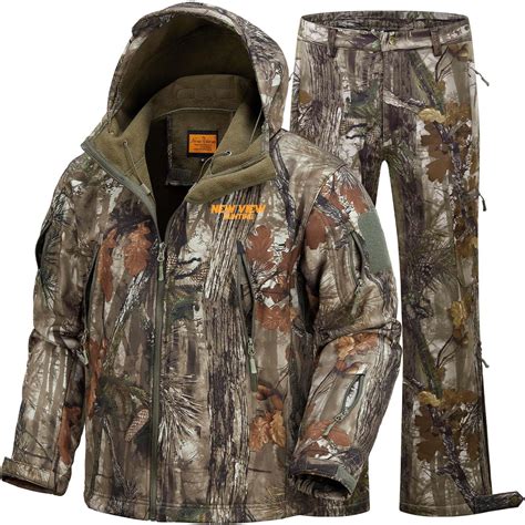 NEW VIEW Camouflage Hunting Clothes for Men, Silent Warm Hooded Jacket and Pants with Fleece ...