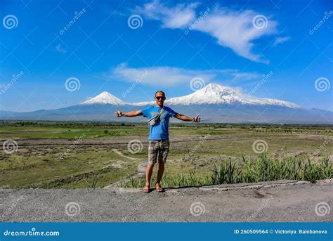 Young Man on the Background of a Beautiful View of Mount Ararat in the ...