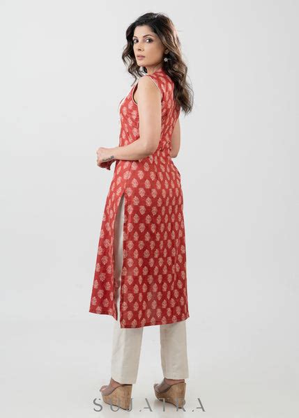 Smart Cotton Sleeveless Red Printed Kurta-Pant Optional – Sujatra