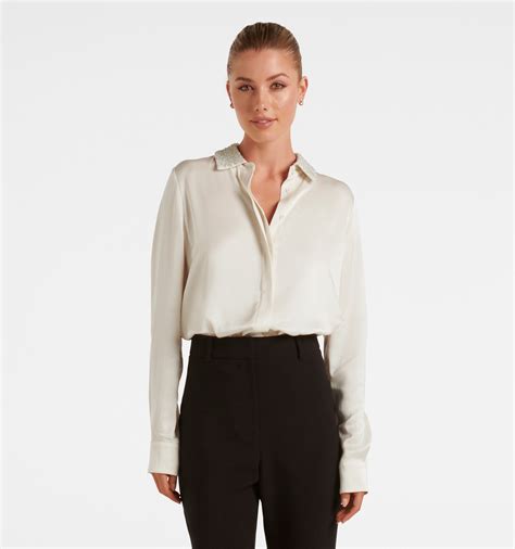 Buy Bone Maxine Beaded Collar Satin Shirt - Forever New