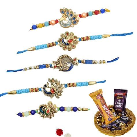 Meira Jewellery Combo Set of 5 Rakhis for Brother with Chocolate gift ...