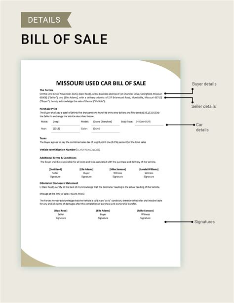 Missouri Used Car Bill of Sale Form Template in Word, PDF, Google Docs ...
