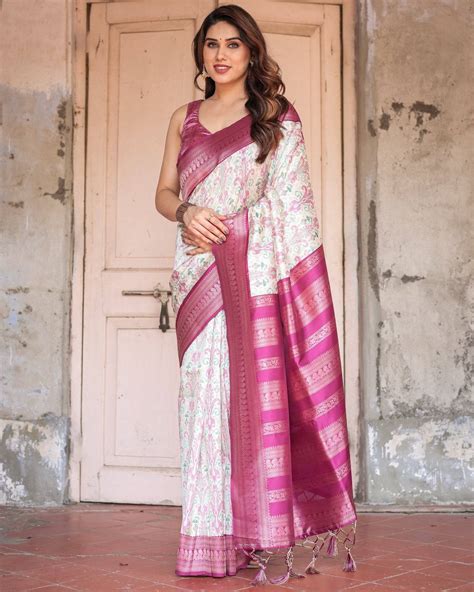 Off-White Banarasi Silk Saree with Pink Ikat Design and Zari Border ...