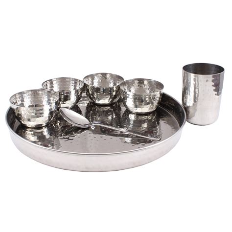 Steel Hammered 7 Piece Thali Set (1 thali 30.48 cm 4 Bowl 1 Dessert Sp ...