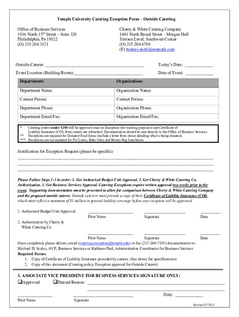 Fillable Online studentcenter temple Catering Exemption Request Form ...