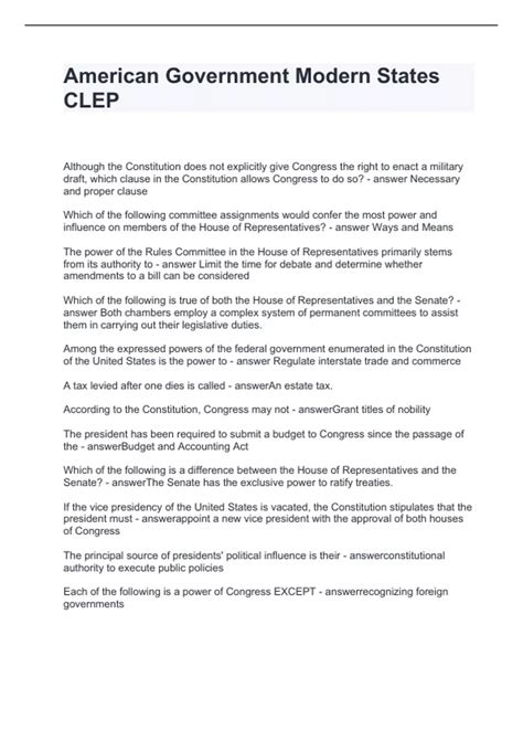 American Government Modern States CLEP Questions with correct Answers ...