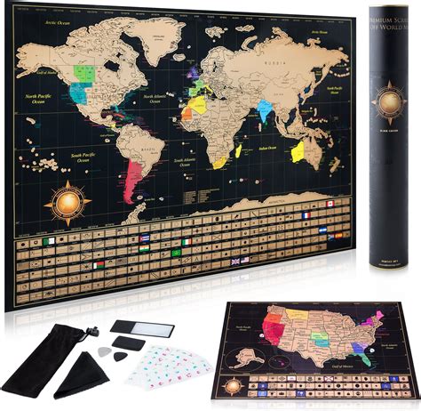 Scratch Off World Map Poster with Gift Tube – Complete Accessories Set & All Country Flags, Wall ...