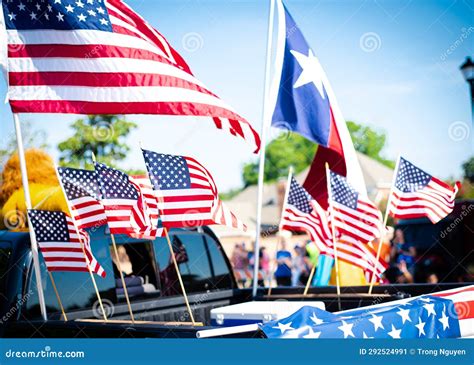 Dense of Texas and American Flags on Cargo Bed of Modern Pickup Truck ...