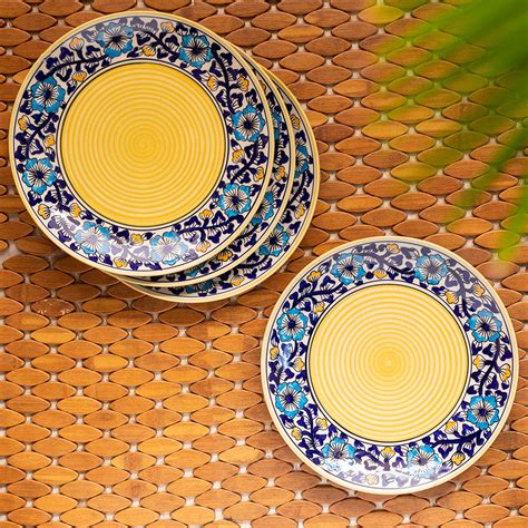 'Badamwari Bagheecha' Hand-Painted Ceramic Dinner Plates (Set of 4, Mi ...
