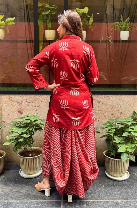 ROZANA- Red Lotus Drape Skirt Set - Ishnya