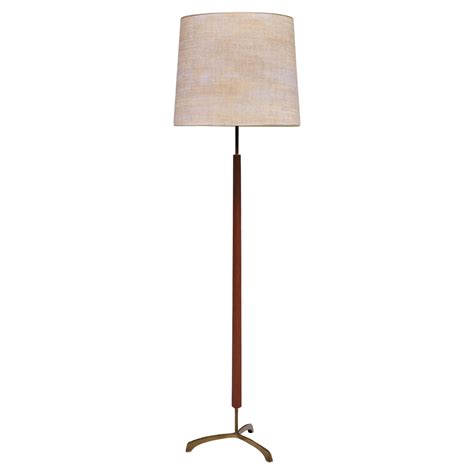 Danish Modern Three Legged Floor Lamp in Brass, Teak and Textured Shade ...
