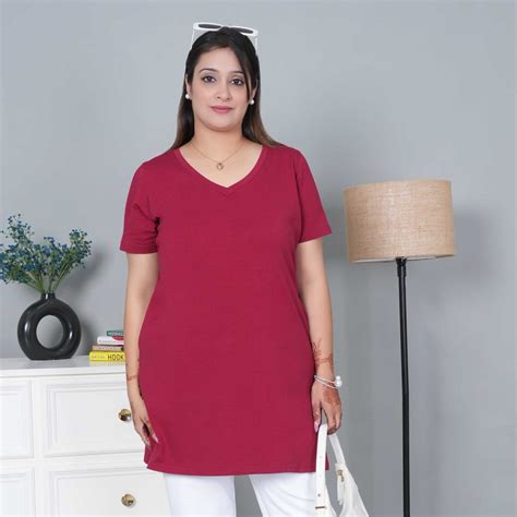 Wine long v neck cotton lycra t-shirt with pockets for women