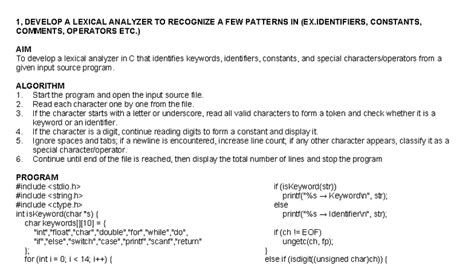 Compiler Lab Manual: Lexical Analyzer Implementation in C - Studocu