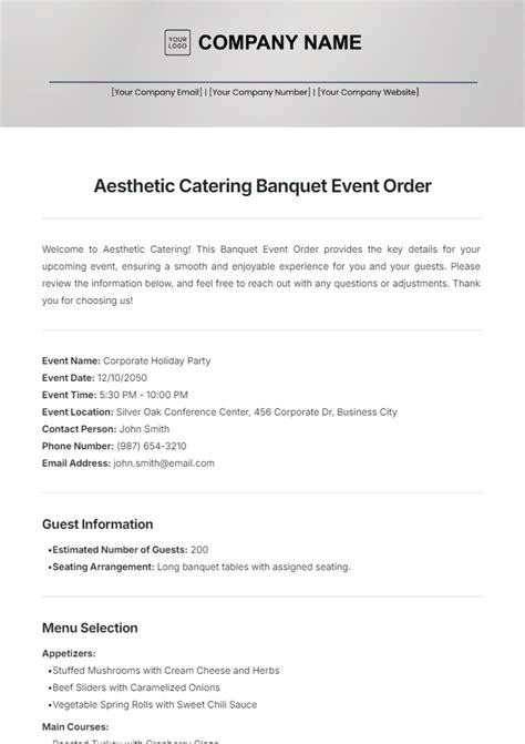 Free Banquet Event Order (BEO) Templates to Edit Online
