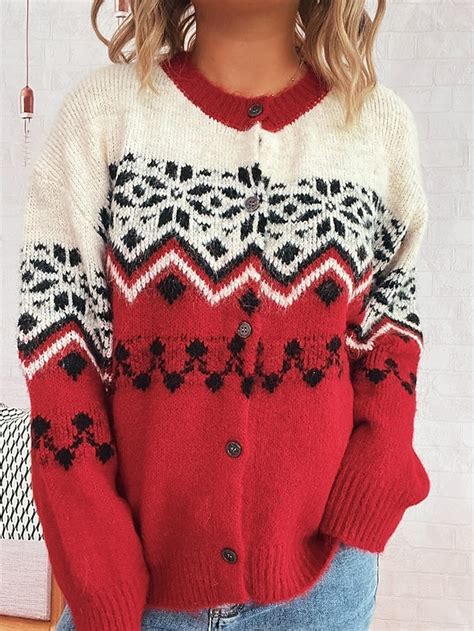 Femmes Pull de Noël Pull Fair Isle Pull Cardigan Streetwear Occasionnel ...