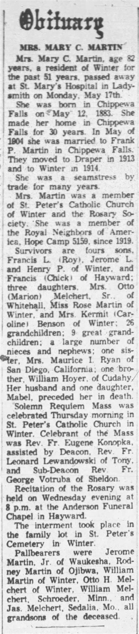 22 MAY 1965 - Mrs. Mary C. Martin (nee Hoyer) obituary - Newspapers.com™