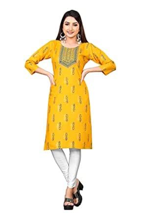 Buy Shreya Two Tone Print 3/4 Sleeve Pure Cotton Kurti (Small, Mustard ...