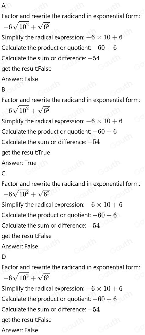 Solved: Combine these radicals. -6sqrt(100)+sqrt(36) -66 -54 -6sqrt(136 ...