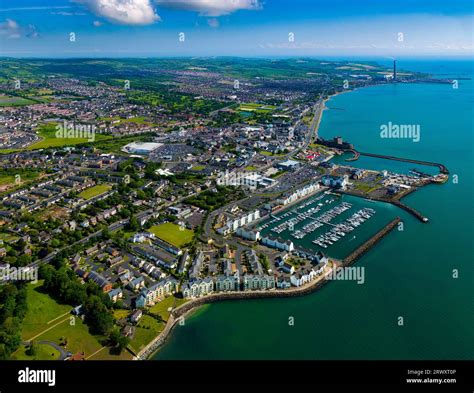 aerial of Carrickfergus, Castle, Marina and town, Belfast Lough, County ...