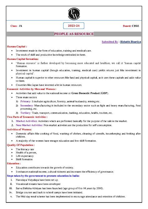 People as a Resource Short Notes - Class - IX Board: CBSE PEOPLE AS ...