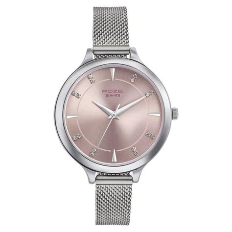 Buy Online Sonata Poze Quartz Analog Pink Dial Stainless Steel Strap ...