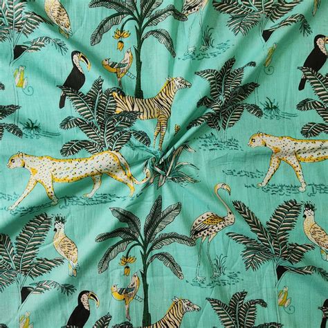 Pure Cotton Sea Green With Jungle Screen Print Fabric – Sanskruti