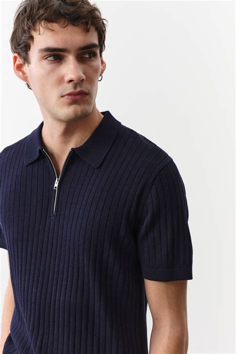 Slim-Fit Rib-Knit Polo Shirt - Navy blue - Men | H&M US